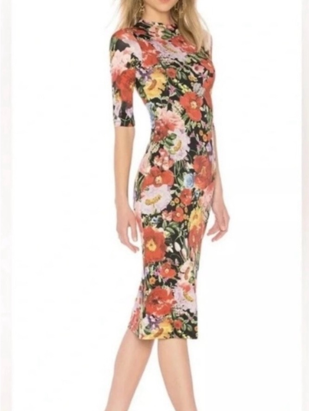 Alice and Olivia Delora Blooming Garden Floral Mock Neck Midi Dress Red - Picture 2 of 7